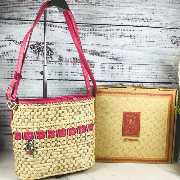 Brighton Handbags - Brighton‎ Carmella Straw Basket Woven Shoulder Bag Pink Leather Trim Summer